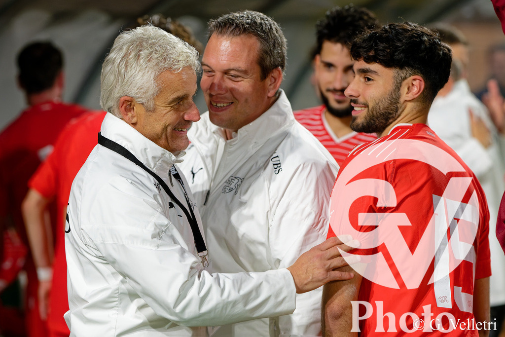 UEFA Region's Cup - Vaud v Munster | Aymon Jean-Yves (Coach Vaud) and Hugo Lopez Rullo (15 Vaud) celebrate after winning during the UEFA Region's Cup game between Vaud and Munster at Centre Sportif de Colovray in Nyon, Switzerland 