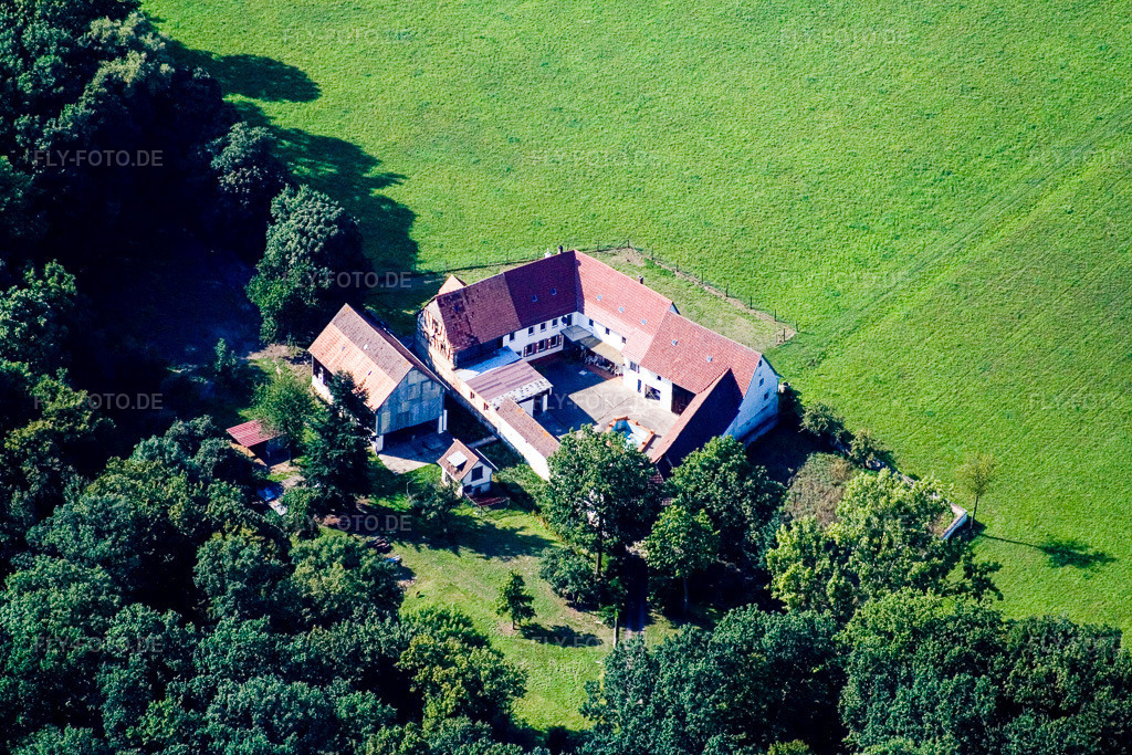 Luftbild: Herrenmühle am Erlenbach im Ortsteil Minderslachen in Kandel im Bundesland Rheinland-Pfalz in Deutschland. Foto: IMG_12567.jpg vom 17.08.2008 durch Werner Riehm/FLY-FOTO.de