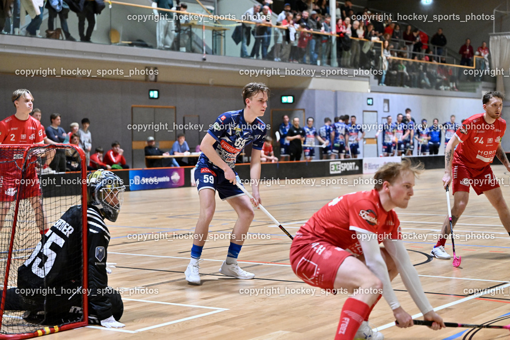 KAC Floorball vs. VSV Unihockey | #14 Pascual Fina KAC Floorball, #59 Nino Forelli VSV Unihockey, #55 Maximilian Obereder KAC Floorball, #74 Luca Wurmitzer KAC Floorball, KAC Floorball vs. VSV Unihockey, KAC Floorball vs. VSV Unihockey am 21.03.2026 in Klagenfurt (Ballspielhalle Waidmannsdorf), Austria, (Photo by Bernd Stefan)