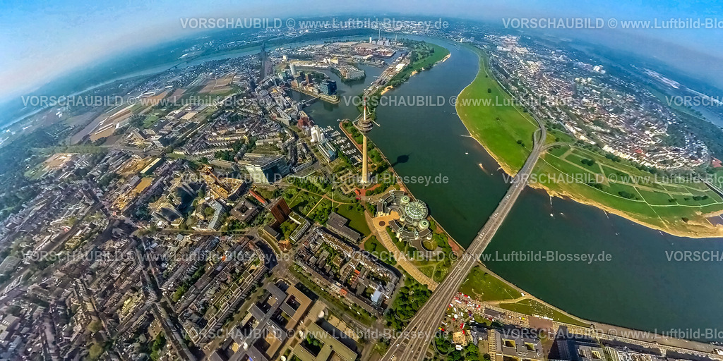 Duesseldorf240590060Fernsehturm_Landtag-NRW_Rhein_Medienhafen | Luftbild, Medienhafen am Fluss Rhein, Unternehmen Ansiedlung aus Medien, Kommunikation, Mode, Architektur, Kunst und Kultur, Rheinturm und Rheinpark Bilk, Erdkugel, Fisheye Aufnahme, Fischaugen Aufnahme, 360 Grad Aufnahme, tiny world, little planet, fisheye Bild, Hafen, Düsseldorf, Nordrhein-Westfalen, Deutschland