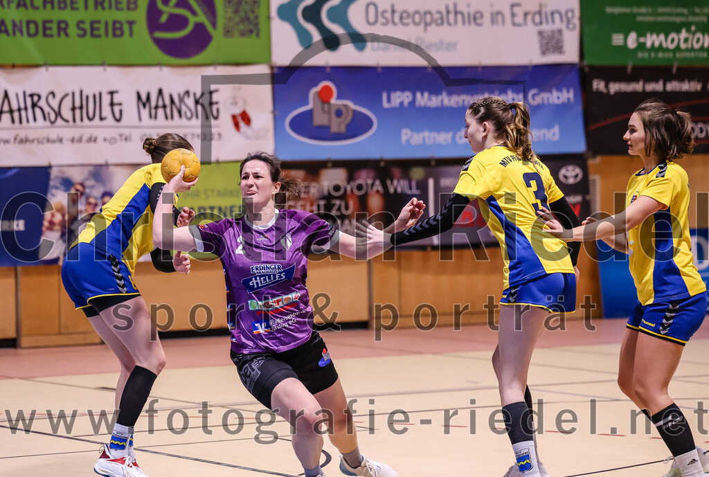 2025-02-15_058_SpVgg_Altenerding_gegen_MTV_Pfaffenhofen | Erding, Deutschland, 15.02.2025:Handball, Bezirksoberliga Frauen Altbayern 2024 / 2024, 14. Spieltag, SpVgg Altenerding gegen MTV Pfaffenhofen, Endergebnis: 27:23Katharina Englisch (MTV Pfaffenhofen, #8), Janina Konrad (SpVgg Altenerding, #2), Lene Köhn (MTV Pfaffenhofen, #3), Magdalena Scherer (MTV Pfaffenhofen, #2)Foto: Christian Riedel / fotografie-riedel.net