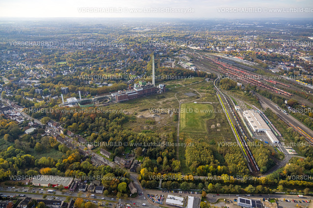 Herne241015778 | Luftbild, ehemaliges Uniper-Kraftwerk Shamrock, Freifläche und Baustelle, ehemaliges Bergwerkgelände General Blumenthal, rechts Güterbahnhof und Hauptbahnhof,  Wanne-Süd, Herne, Ruhrgebiet, Nordrhein-Westfalen, Deutschland
