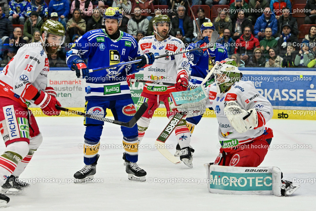 EC VSV vs. HC Bozen 16.2.2024 | #55 Vandane Davis, #84 Andrew Desjardins, #44 Valentine Scott, #72 HUGHES John, #38 Harvey Sam, EC VSV vs. HC Bozen 16.2.2024, EC VSV vs. HC Bozen 16.2.2024 am 16.02.2024 in Villach (Stadthalle Villach), Austria, (Photo by Bernd Stefan)