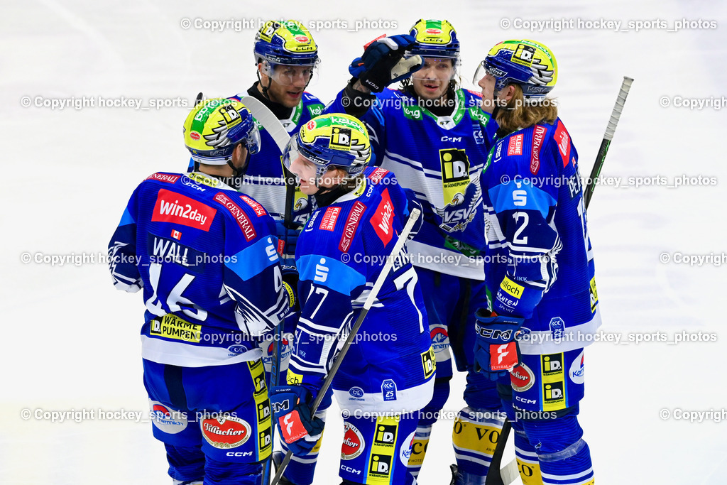 EC IDM WÄRMEPUMPEN VSV vs. EC KAC | Jubel EC VSV Mannschaft, #46 WALL Alex EC VSV, #77 LINDNER Philipp EC VSV, #26 VAN NES Guus EC VSV, #12 Pearson Chase EC VSV, EC IDM WÄRMEPUMPEN VSV vs. EC KAC, EC IDM WÄRMEPUMPEN VSV vs. EC KAC am 02.02.2025 in Villach (Stadthalle Villach), Austria, (Photo by Bernd Stefan)