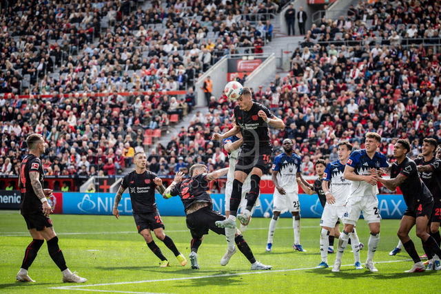 German Bundesliga, Bayer 04 Leverkusen vs. Hamburger SV, 16.05.2026 | LEVERKUSEN, GERMANY - MAY 16, 2026 :  Patrik Schick (Bayer 04 Leverkusen, 14) heads after a corner during the German Bundesliga match on gameday 34 between Bayer 04 Leverkusen vs. Hamburger SV at BayArena on May 16, 2026 in Leverkusen, Germany. DFL REGULATIONS PROHIBIT ANY USE OF PHOTOGRAPHS AS IMAGE SEQUENCES AND/OR QUASI-VIDEO.