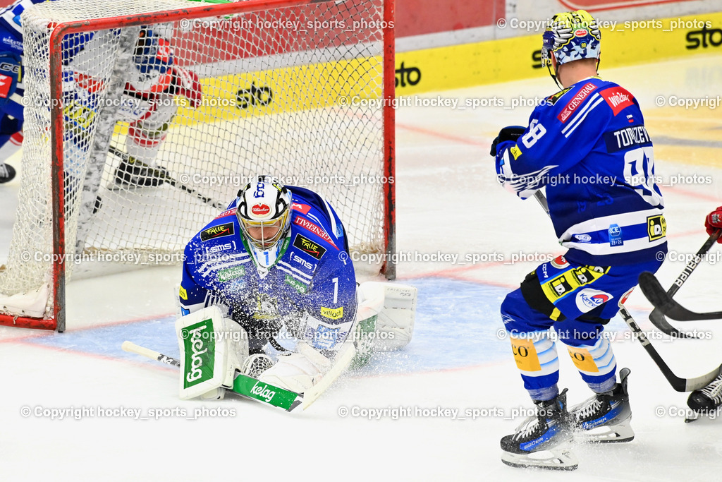 EC IDM Wärmepumpen VSV vs. HC Bozen 19.9.2023 | #1 Jean-Philippe Lamoureux, #98 TOMAZEVIC Blaz,  win2day icehockeyleague, EC IDM Wärmepumpen - HC Bozen  am 19.09.2023 in Villach (Stadhalle Villach), Austria, (Photo by Bernd Stefan)