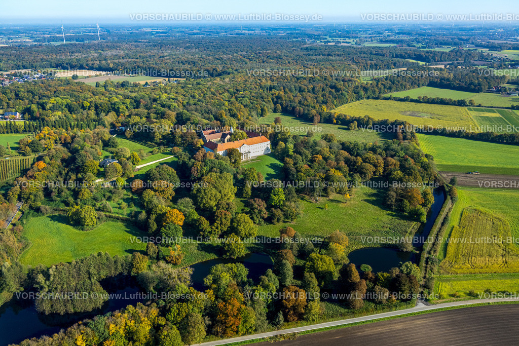 Selm241011206SchlossCappenberg | Luftbild, Schloss Cappenberg mit LWL-Museum für Kunst und Kultur und kath. Stiftskirche Evangelist St. Johannes, herbstlicher Wald, Cappenberg, Selm, Münsterland, Nordrhein-Westfalen, Deutschland