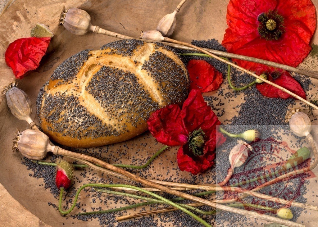 Fresh poppy seed bread and poppy flowers still life | Rustic composition with baked bread, poppy seeds, and red poppy flowers - Realized with Pictrs.com