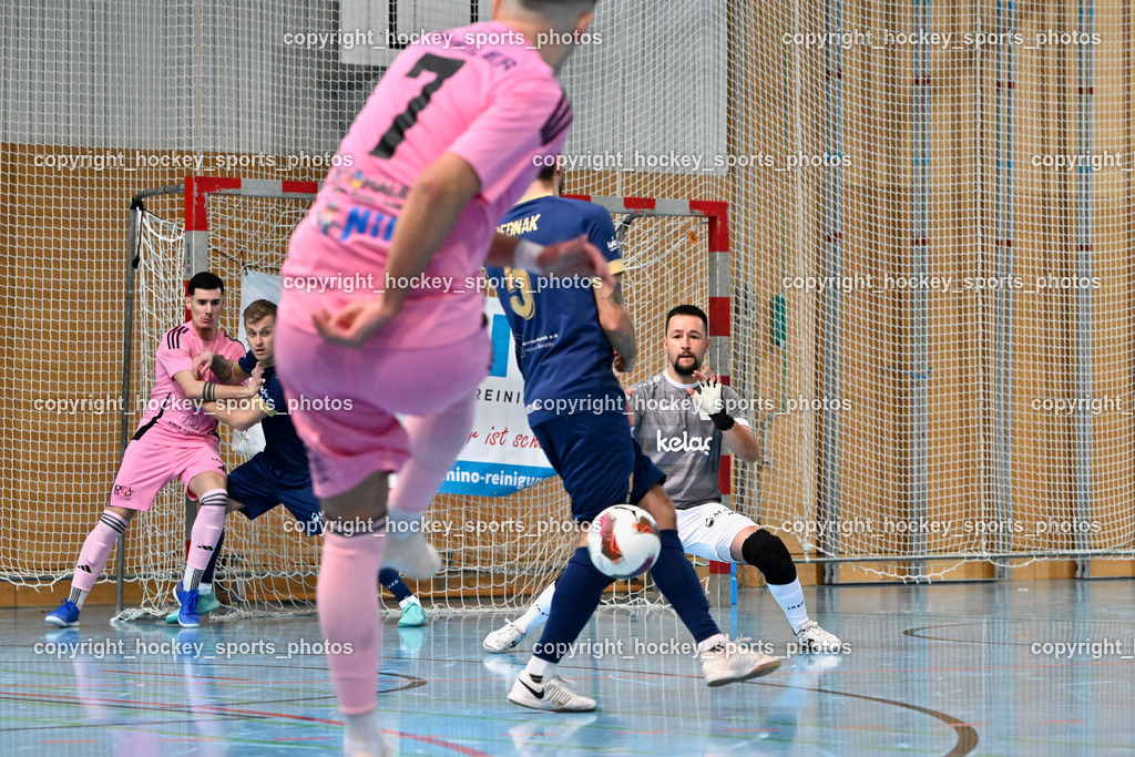 Carinthia Flamengo Futsal Club vs. Futsal Klagenfurt | #7 Enes Brdjanovic Carinthia Flamengo, #5 Rok Rednak Futsal Klagenfurt, #18 Vladimir Kajkut Futsal Klagenfurt, #70 Armin Kahvedzic Carinthia Flamengo,  Carinthia Flamengo Futsal Club vs. Futsal Klagenfurt, Carinthia Flamengo Futsal Club vs. Futsal Klagenfurt am 01.12.2024 in Klagenfurt (Ballspielhalle Viktring), Austria, (Photo by Bernd Stefan)