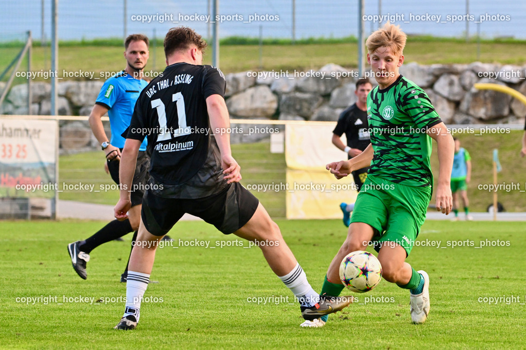SC Landskron vs. Thal Assling  | #11 Pascal Oliver Kofler Thal Assling, #23 Jonas Jakob Armin Steinwender SC Landskron, SC Landskron vs. Thal Assling , SC Landskron vs. Thal Assling  am 09.08.2024 in Villach (Sportanlage Landskron), Austria, (Photo by Bernd Stefan)
