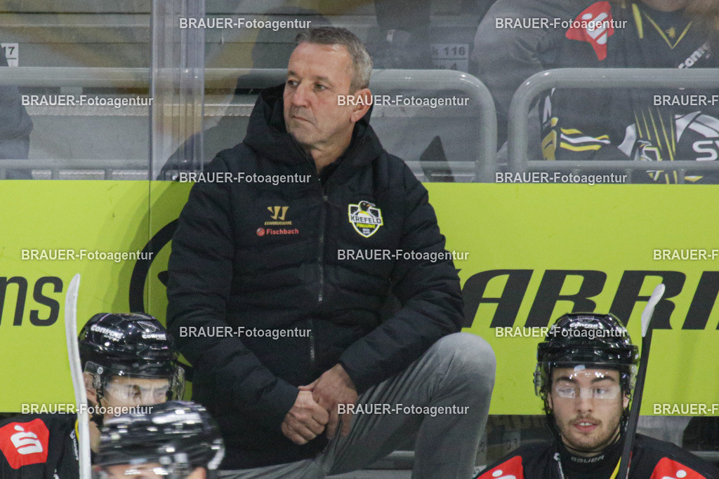 02.11.2025: DEL2  Krefeld Pinguine - Eispiraten Crimmitschau | Krefeld, Deutschland, 02.11.2025: Trainer Thomas Popiech(Krefeld Pinguine) schaut während des DEL2-Spiels zwischen Krefeld Pinguine - Eispiraten Crimmitschau am 02.11. 2025 in der Yayla-Arena in Krefeld, Deutschland. (Foto Ralph Görtz / Brauer-Fotoagentur)