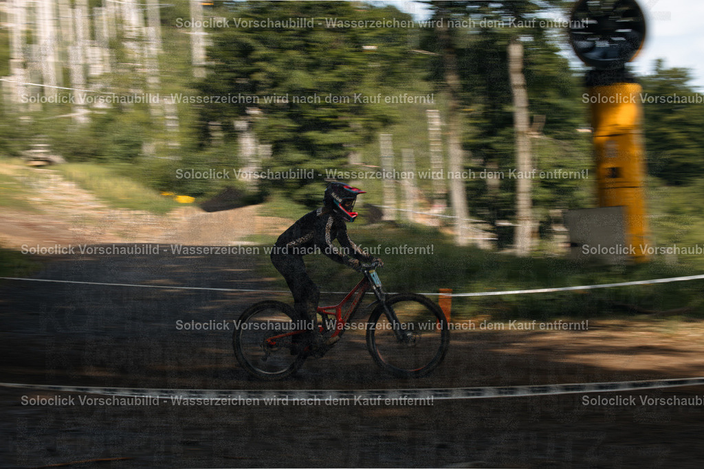 Dynamische Fahrt durch den Wald | Ein Mountainbiker in voller Ausrüstung rast auf einem staubigen Pfad durch einen dichten Wald. Die Bewegung des Fahrers und des Fahrrads wird durch die lange Belichtungszeit dargestellt, was einen dynamischen Effekt erzeugt. Der Hintergrund besteht aus hohen Bäumen, die den Waldrand bilden. Ein gelbes Warnschild ist im Hintergrund sichtbar. - Realisiert mit Pictrs.com