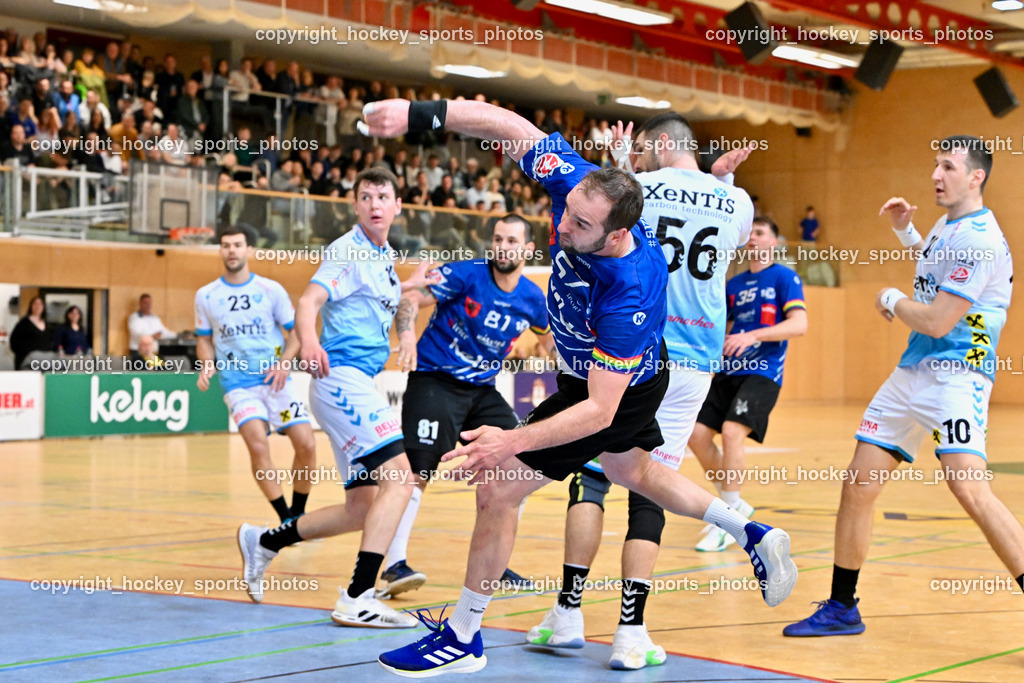 SC Ferlach vs. HSG Bärnbach/Köflach 30.3.2024 | #57 LEBAN Patrik SC Ferlach, #56 Beciri Kristian HSG Bärnbach, #10 Perkusic Toni HSG Bärnbach, SC Ferlach vs. HSG Bärnbach/Köflach 30.3.2024, SC Ferlach vs. HSG Bärnbach/Köflach am 30.03.2024 in Ferlach (Ballspielhalle Ferlach), Austria, (Photo by Bernd Stefan)