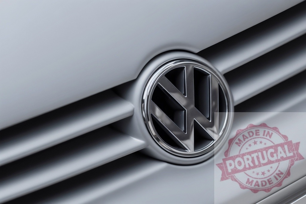 Volkswagen emblem on silver car grille illustrating automotive branding | Volkswagen logo in chrome on a silver car grille, close up view of premium branding - Realisiert mit Pictrs.com