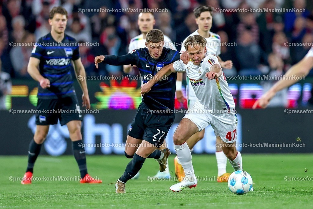 1FC05042501024 | 05.04.2025, Fußball, 1. FC Köln - Hertha BSC, 2.. Fußball Bundesliga, 28. Spieltag, RheinEnergie-STADION, Saison 2024 2025: Michael Cuisance (Hertha BSC #27) im Zweikampf gegen Mathias Olesen (FC Koeln #47) DFB regulations prohibit any use of photographs as image sequences and or quasi-video.