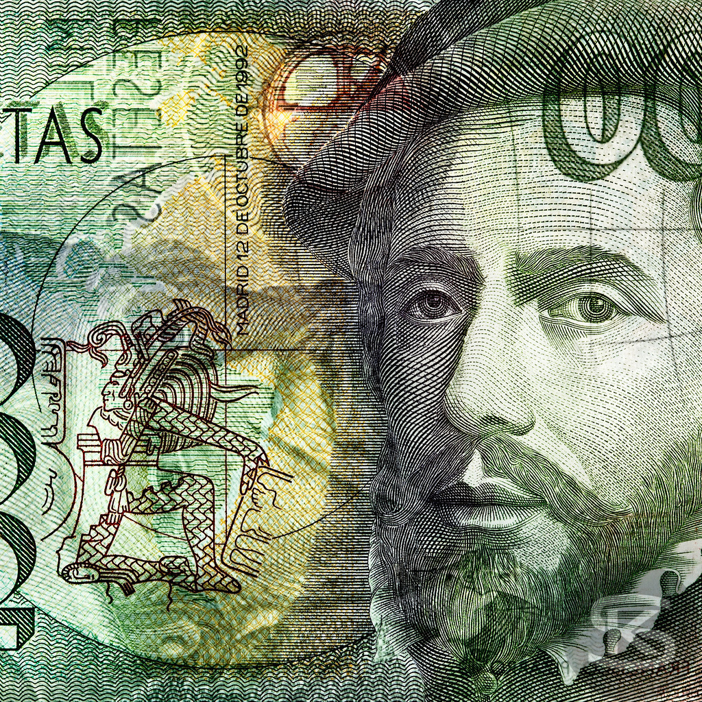 SPANIEN - Hernán Cortés | Spanischer Konquistador, 1485-1547 | Entdecken Sie "Gesichter der Währungen" – eine einzigartige Fotoserie von Stefan Kuhn, die Banknoten aus aller Welt als Kunstwerke neu interpretiert. Vorder- und Rückseite verschmelzen zu faszinierenden Kompositionen.  - Realisiert mit Pictrs.com