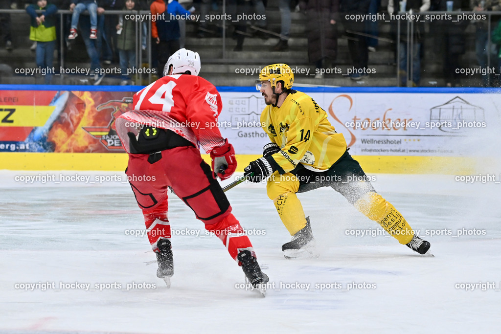 KSV KÄNGURUS vs. EHC Lustenau | #74 Graf Pierre KSV, #14 Oberscheider Dominik EHC Lustenau, KSV KÄNGURUS vs. EHC Lustenau, KSV KÄNGURUS vs. EHC Lustenau am 14.03.2026 in Kapfenberg (Sportzentrum Kapfenberg), Austria, (Photo by Bernd Stefan)