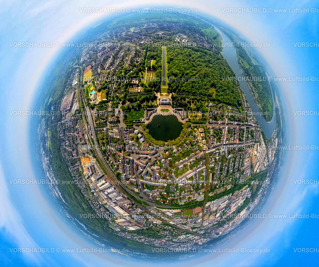 Duesseldorf240590096SchlossBenrath | Luftbild, Schloss Benrath mit Schlossweiher und Schlosspark, Orangerie Schloss Benrath und langgezogener Spiegelweiher, Erdkugel, Fisheye Aufnahme, Fischaugen Aufnahme, 360 Grad Aufnahme, tiny world, little planet, fisheye Bild, Benrath, Düsseldorf, Nordrhein-Westfalen, Deutschland