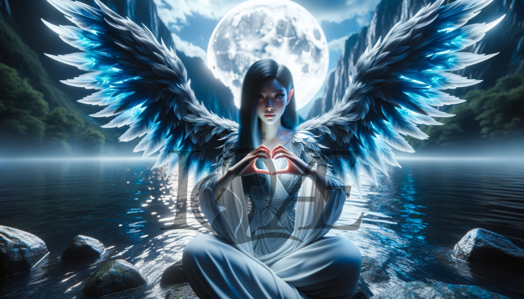 DALL_E 2023-10-06 06.56.24 - 8K close-up portrayal of an angel with sleek black hair highlighted with blue streaks_ and glowing blue wings. She sits on a rock surrounded by the mo | psy4fly - Realisiert mit Pictrs.com