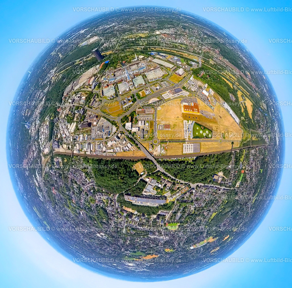 Oberhausen230790144_Neue Mitte | Luftbild, Westfield Centro, Neue Mitte mit Gasometer, Erdkugel, Fisheye Aufnahme, Fischaugen Aufnahme, 360 Grad Aufnahme, tiny world, Borbeck, Oberhausen, Ruhrgebiet, Nordrhein-Westfalen, Deutschland