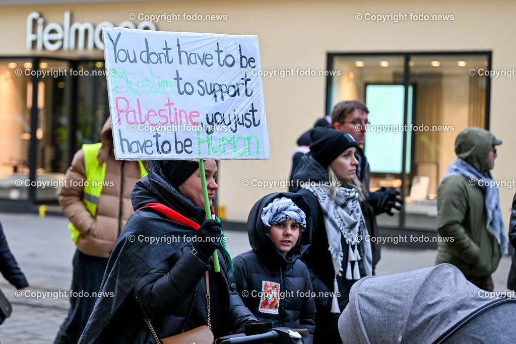 Demonstration Paleastina in Linz_ Pro Gaza_ 14.01.2024-53 | 14.01.2024, Linz, AUT, Demonstration, im Bild Palästina, Palaestina, Gaza, Demoteilnehmer, Teilnehmer, Kundgebung, Plakate, Fahnen, Polizei, Beamte, Polizeifahrzeuge, Einsatzkraefte, Israel, Krieg, Hamas, Geisel, Freiheit, Frieden