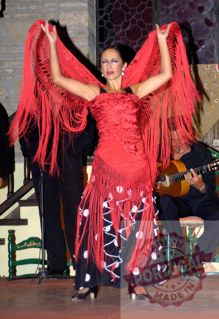 Flamenco dancer performing with red shawl and guitarist | Flamenco dancer performing traditional Spanish dance, raising a red shawl with a guitarist playing - Realized with Pictrs.com
