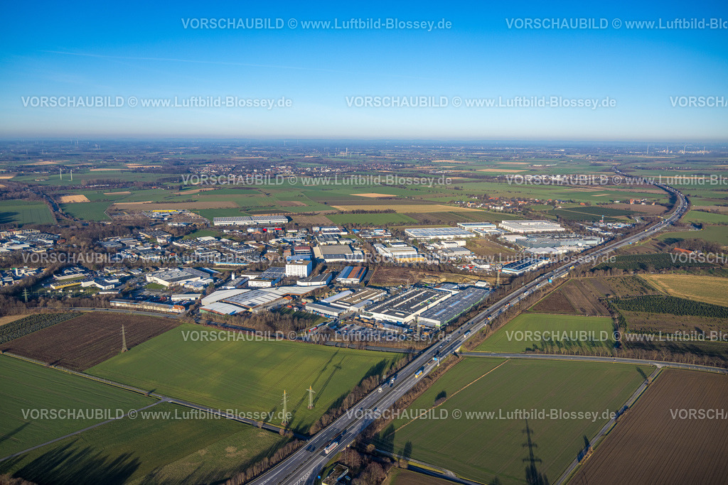 Soest230206131 | Luftbild, Gewerbegebiet Soest Süd-Ost an der Autobahn A44 Anschlussstelle Soest-Ost, Müllingsen, Soest, Soester Börde, Nordrhein-Westfalen, Deutschland