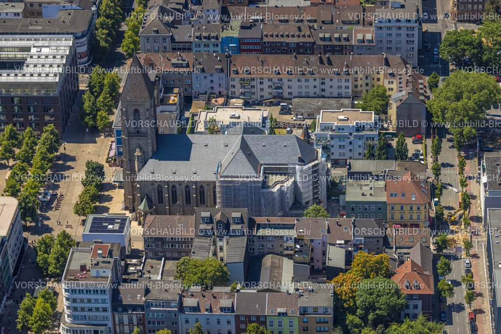 Oberhausen230705204 | Luftbild, Pfarrkirche Herz-Jesu, Baustelle Sanierung, Innenstadt, Oberhausen, Ruhrgebiet, Nordrhein-Westfalen, Deutschland