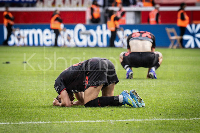 German Bundesliga, Bayer 04 Leverkusen vs. Hamburger SV, 16.05.2026 | LEVERKUSEN, GERMANY - MAY 16, 2026 :  Alejandro Grimaldo (Bayer 04 Leverkusen, 20) and Ibrahim Maza (Bayer 04 Leverkusen, 30) with bad emotions after the German Bundesliga match on gameday 34 between Bayer 04 Leverkusen vs. Hamburger SV at BayArena on May 16, 2026 in Leverkusen, Germany. DFL REGULATIONS PROHIBIT ANY USE OF PHOTOGRAPHS AS IMAGE SEQUENCES AND/OR QUASI-VIDEO.