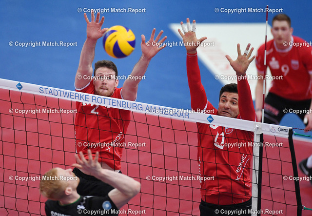 ulm | Volleyball 1. Bundesliga  Saison 2018/2019TV Rottenburg - Netzhoppers SolWo Koenigspark KW    17.11.2018TV Rottenburg Block; Mitchel Penning (li) und Idner Faustino Lima Martins (re)FOTO: ULMER PressebildagenturxxNOxMODELxRELEASExx