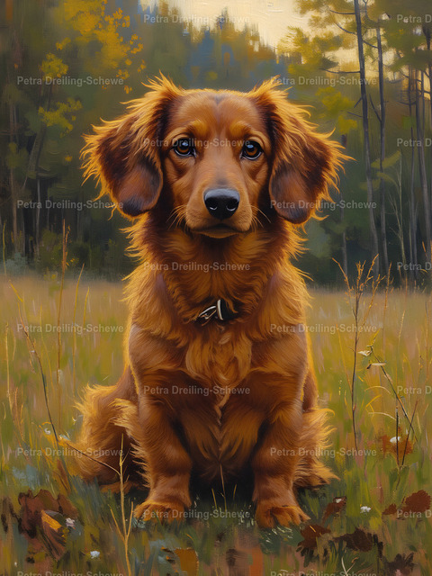 Dachshound Vintage Style | Bring the timeless charm of the Longhaired Dachshund into your home with this vintage oilpainting style of one of the toughes gay in the woods. This high-resolution digital artwork captures the warm expression and selfconfident character of this beloved breed – perfect for dog lovers and stylish interiors. - Realisiert mit Pictrs.com