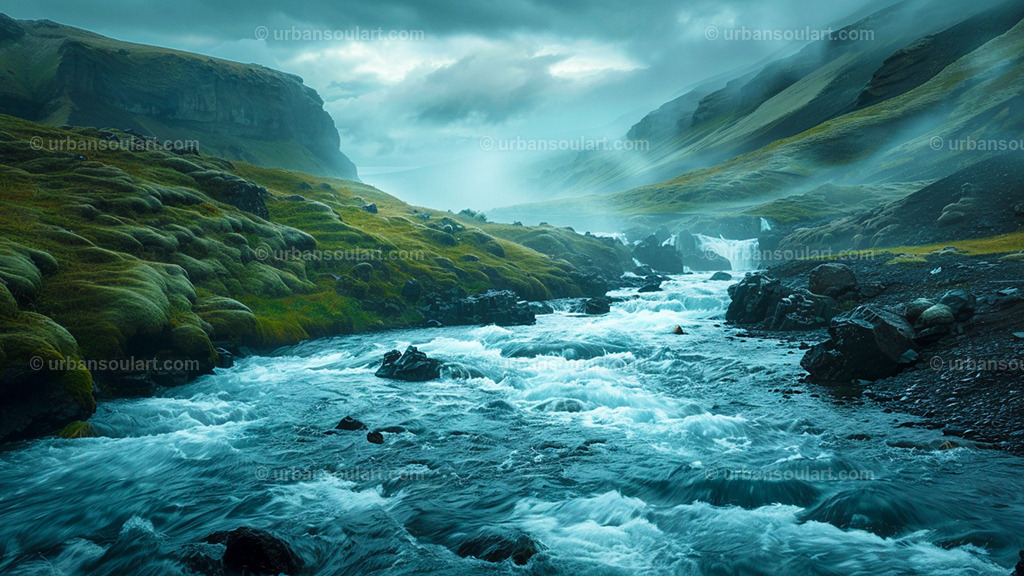 Icelandic River In The Mountains | Experience the serene beauty of Iceland with this stunning river scene set amidst lush green mountains. The misty atmosphere enhances the enchanting landscape, perfect for those who appreciate tranquil, natural wonders. - Realisiert mit Pictrs.com