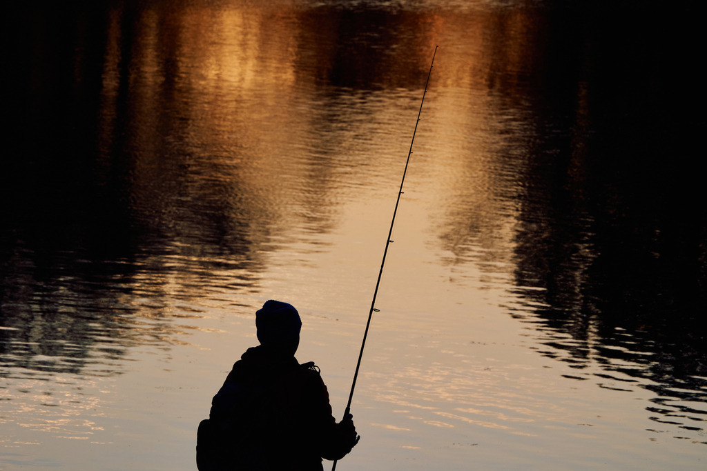 Mann mit Angelrute an der Alten Donau | Wien, Austria - November 04, 2025: Mann mit Angelrute an der Alten Donau. - Realisiert mit Pictrs.com