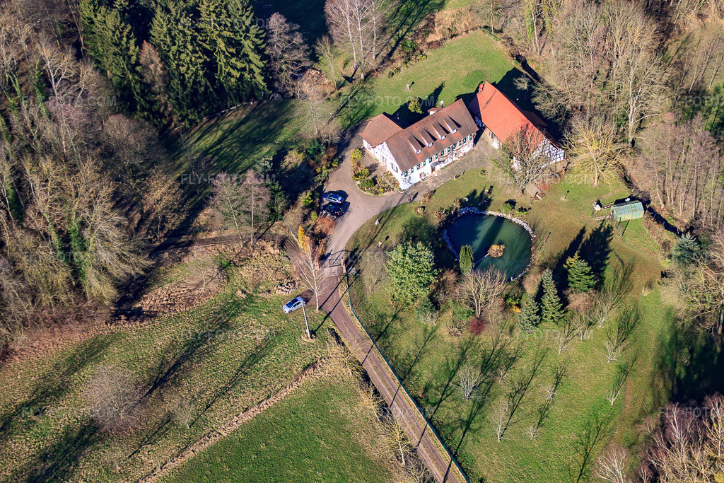 Aerial view: House with pond in the Sauermatten meadows in Memmelshoffen in the state Bas-Rhin, France. – Photo: IMG_37394.jpg taken on 02/07/2011 by Werner Riehm/FLY-FOTO.com – Resolution of the original: 4752 x 3168 px