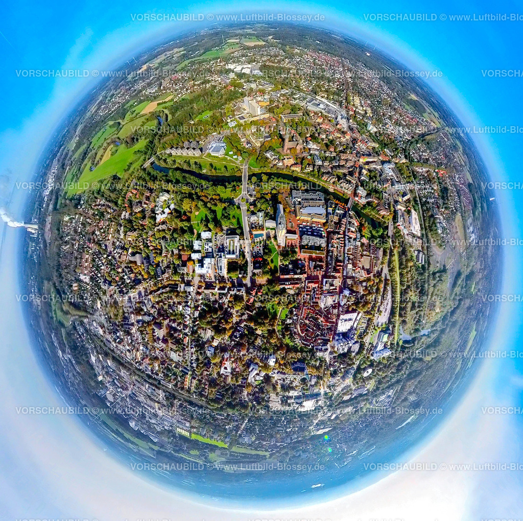 Luenen241190568RathausMarkt_Willy-Brandt-Platz | Luftbild, Rathaus und Willy-Brandt-Platz, Fluss Lippe und Lippewohnpark Wohnanlage Wohnsiedlung am Fluss Lippe und Lippe Bad Hallenbad an der Konrad-Adenauer-Straße, Erdkugel, Fisheye Aufnahme, Fischaugen Aufnahme, 360 Grad Aufnahme, tiny world, little planet, fisheye Bild, , Lünen, Ruhrgebiet, Nordrhein-Westfalen, Deutschland