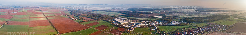 Luftbild: Panorama des Gewerbegebiet Horst im Ortsteil Minderslachen in Kandel im Bundesland Rheinland-Pfalz in Deutschland. Foto: IMG_49525-Bearbeitet.jpg vom 13.04.2012 durch Werner Riehm/FLY-FOTO.deAuflösung des Originals: 20573 x 2944 px