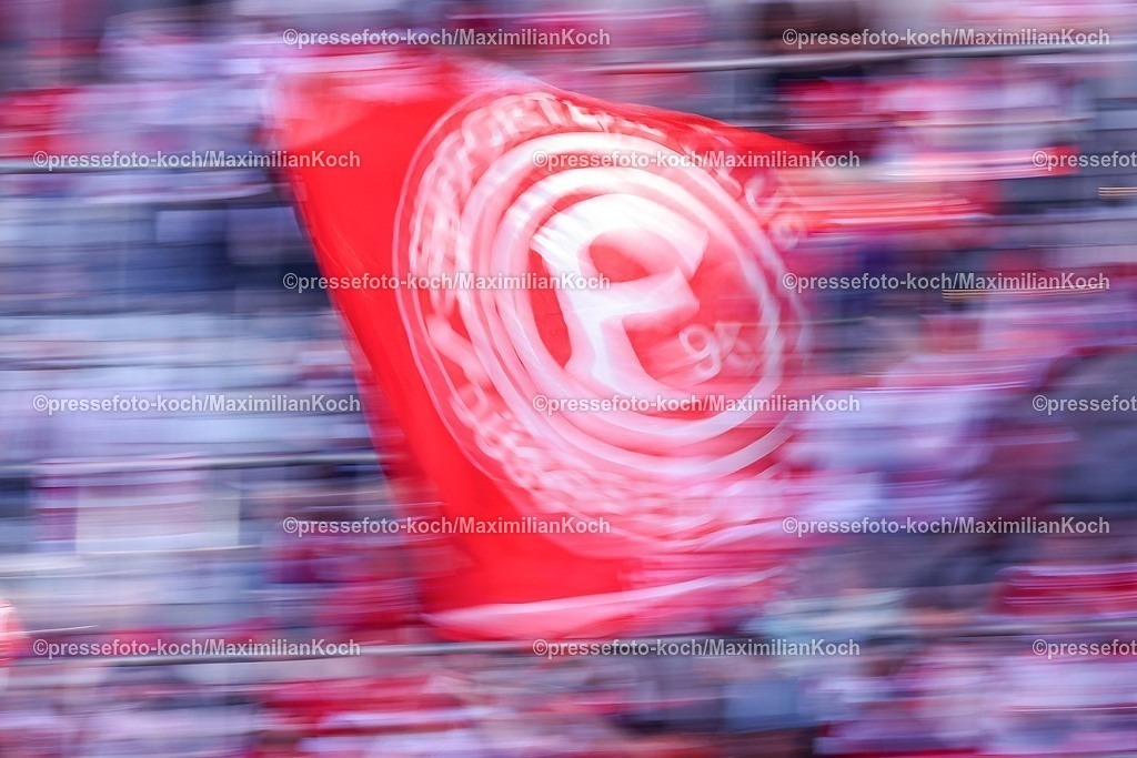 F9524042601088 | 24.04.2026, Fußball, Fortuna Düsseldorf - SC Dynamo Dresden, 2. Fußball Bundesliga, Herren, Merkur Spiel-Arena, 31. Spieltag, Saison 2025 2026: Fahne Logo Emblem Vereinslogo Flagge im Gästeblock der Tribüne  DFB regulations prohibit any use of photographs as image sequences and or quasi-video.