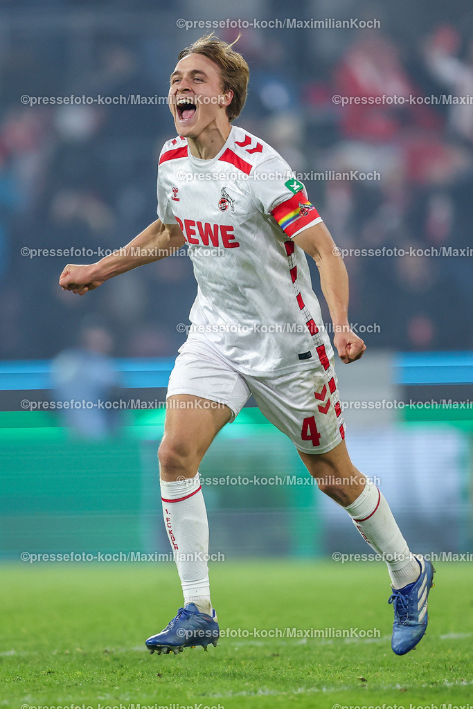 1FC04122401099 | 04.12.2024, Fußball, 1. FC Köln - Hertha BSC, Achtelfinale DFB-Pokal, RheinEnergieSTADION, Saison 2024 2025: Timo Hübers (1.FC Köln #4) jubelnd nach dem Einzug ins ViertelfinaleDFB regulations prohibit any use of photographs as image sequences and or quasi-video.