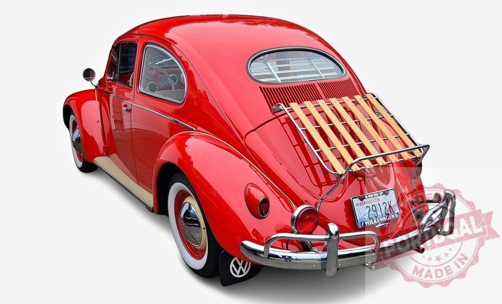 Classic Red Volkswagen Beetle Car Parked Showing Rear View | Shiny red Volkswagen Beetle parked, showing its back, including wooden roof rack and Washington State license plate - Realized with Pictrs.com