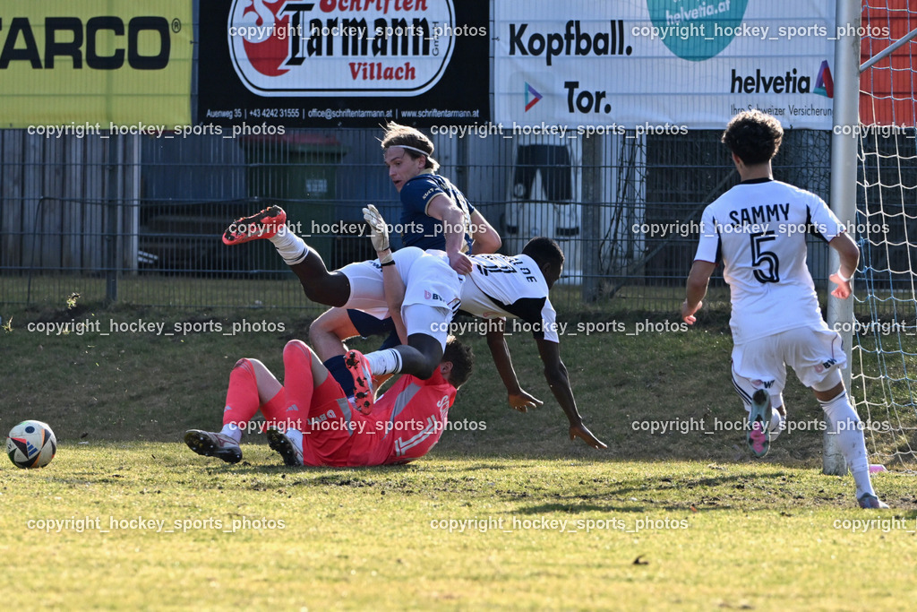 ATUS Velden vs. SPG LASK Amateure OÖ | #10 Lukas Lausegger ATUS Velden, #21 Alpha Kassaynabo Balde LASK Amateure, #12 Fabian Schillinger LASK Amateure, #5 Sammy Samuel Mohammad LASK Amateure, ATUS Velden vs. SPG LASK Amateure OÖ, ATUS Velden vs. SPG LASK Amateure OÖ am 07.03.2026 in Velden (Wald Arena Velden), Austria, (Photo by Bernd Stefan)