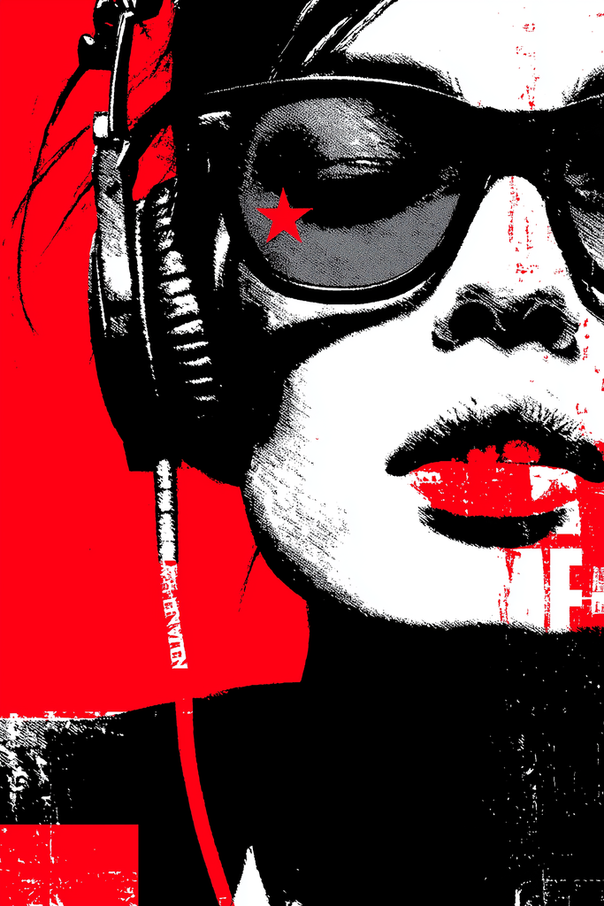 Poster: HER FREQUENCY – The Silence – Lost in sound. Found in herself. | Frau mit Kopfhörern und Brille in Schwarz-Weiß-Rot mit rotem Stern – minimalistisches Musikposter aus HER FREQUENCY - Realisiert mit Pictrs.com