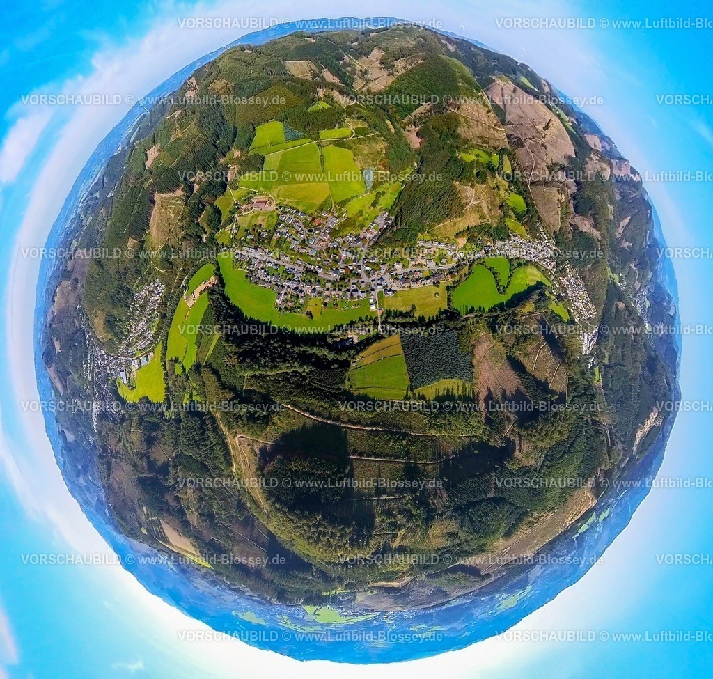 Lennestadt230990342Kickenbach | Luftbild, Ortsansicht Ortsteil Kickenbach, Waldgebiet mit Waldschäden, Erdkugel, Fisheye Aufnahme, Fischaugen Aufnahme, 360 Grad Aufnahme, tiny world, Kickenbach, Lennestadt, Sauerland, Nordrhein-Westfalen, Deutschland