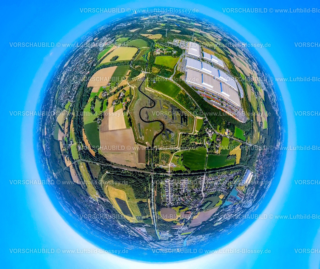 Dortmund240890860EmscherEllinghausen_IKEA-Distributions-Services | Luftbild, Verteilzentrum IKEA Distribution Services in Ellinghausen, Fluss Emscher Flussmäander, Erdkugel, Fisheye Aufnahme, Fischaugen Aufnahme, 360 Grad Aufnahme, tiny world, little planet, fisheye Bild, Schwieringhausen, Dortmund, Ruhrgebiet, Nordrhein-Westfalen, Deutschland