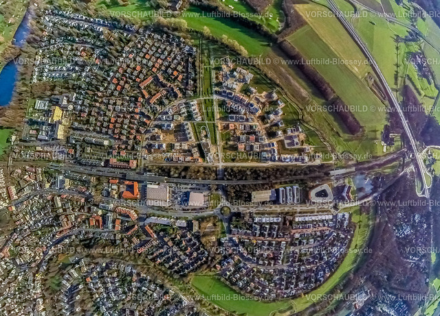 Duisburg2301fish0004AngerbogenHuckingen | Luftbild, Angerbogen Wohnsiedlung, Fisheye Aufnahme, Fischaugen Aufnahme, 360 Grad Aufnahme, Huckingen, Duisburg, Ruhrgebiet, Nordrhein-Westfalen, Deutschland