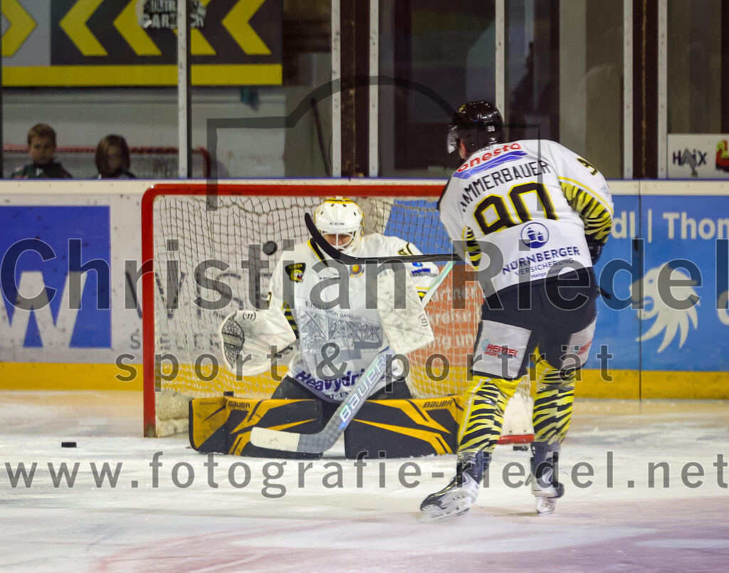 2025-10-10_007_TSV_Erding_gegen_onesto_Tigers_Bayreuth | Erding, Deutschland, 10.10.2025:Eishockey, Oberliga Süd 2025 / 2026, 7. Spieltag, TSV Erding gegen onesto Tigers Bayreuth, Endergebnis: 2:5Torwart Daniel Arendas (onesto Tigers Bayreuth, #31), Jan Hammerbauer (onesto Tigers Bayreuth, #90)Foto: Christian Riedel / fotografie-riedel.net