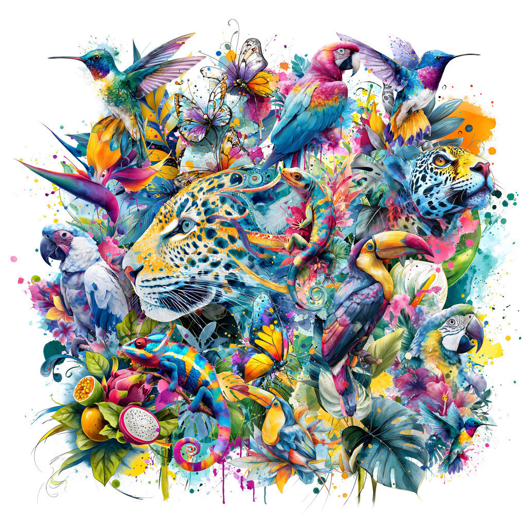 10251008 - Wildes Paradies | Ein harmonisches Zusammenspiel aus wilden Tieren und tropischen Pflanzen – vereint zu einer modernen Collage mit intensiven Farben und feinen Details. Das Motiv verbindet die Energie des Dschungels mit einem künstlerischen Blick auf Formen und Strukturen. Über „Bestellen“ wählen Sie ganz einfach Format und Ausführung.
