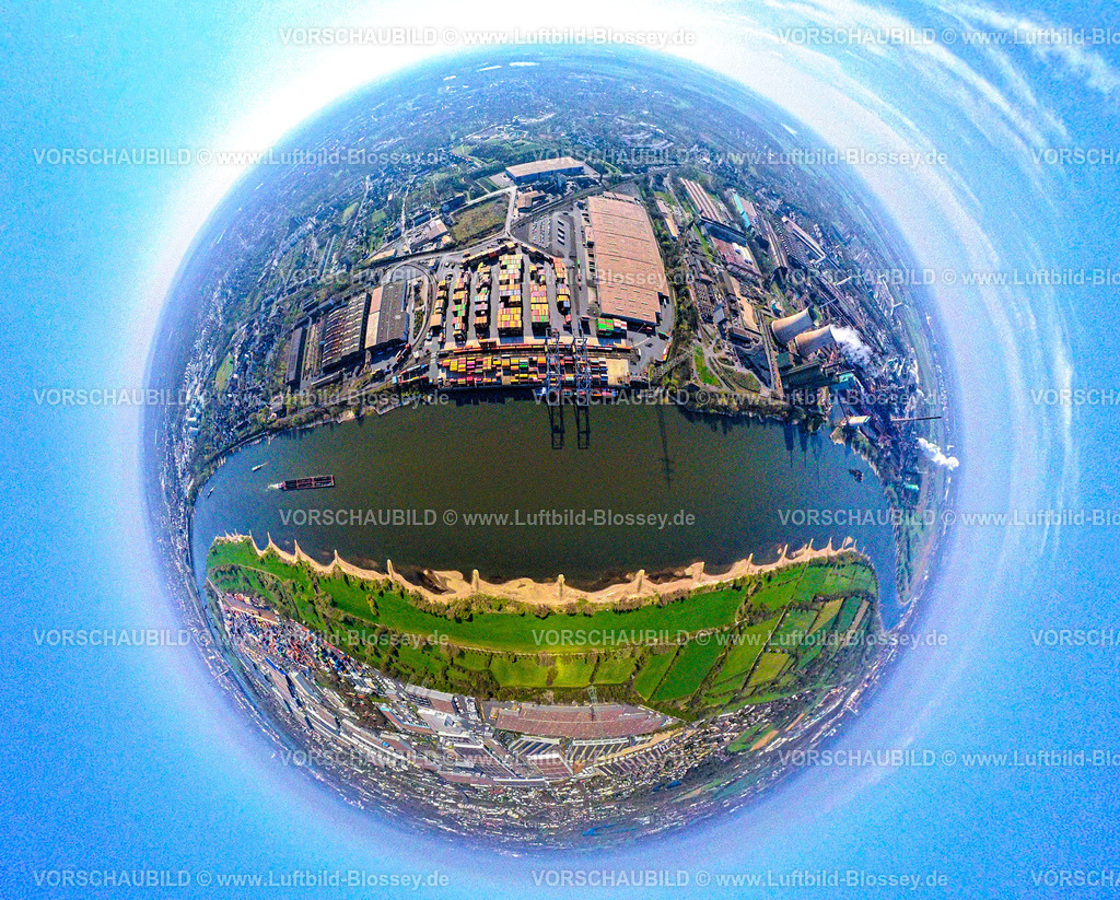 Duisburg250490008Logport2Wanheim | Luftbild, duisport Hafen, logport II Wanheim, logport 2, Container Terminal am Fluss Rhein mit Conatinerschiff, Erdkugel, Fisheye Aufnahme, Fischaugen Aufnahme, 360 Grad Aufnahme, tiny world, little planet, fisheye Bild, Wanheim-Angerhausen, Duisburg, Ruhrgebiet, Nordrhein-Westfalen, Deutschland