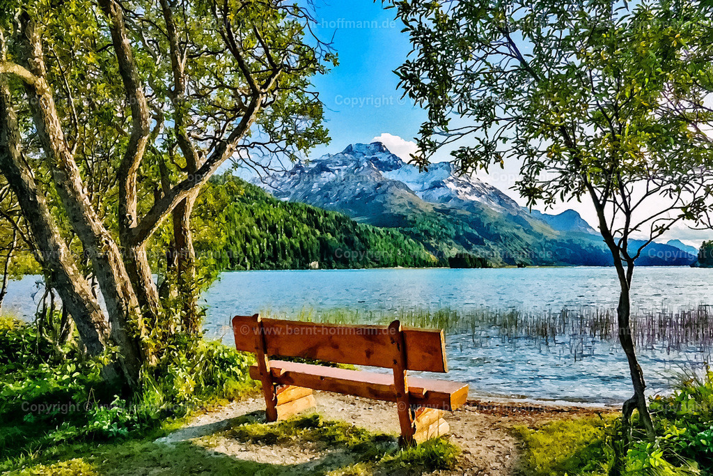 PAD2_RH_Bank_SilserSee_150x100 | DIGITALKUNST. Ausblick auf den Silser See im Engadin. __ Holzbank am Seeufer. __ Das Basisfoto für dieses malerisch verwandelte Werk hat der Schweizer Hobbyfotograf Rene Hinder gemacht und es Bernt Hoffmann für dessen Kunstpart zur Verfügung gestellt. - Realisiert mit Pictrs.com