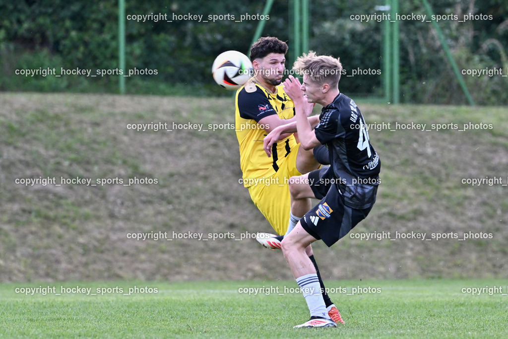 SV Arnoldstein vs. URC Thal Assling | #15 Dardan Kameraj SV Arnoldstein, #44 Matteo Rainer Thal Assling, SV Arnoldstein vs. URC Thal Assling, SV Arnoldstein vs. URC Thal Assling am 09.08.2025 in Arnoldstein (Waldparkstadion Arnoldstein), Austria, (Photo by Bernd Stefan)