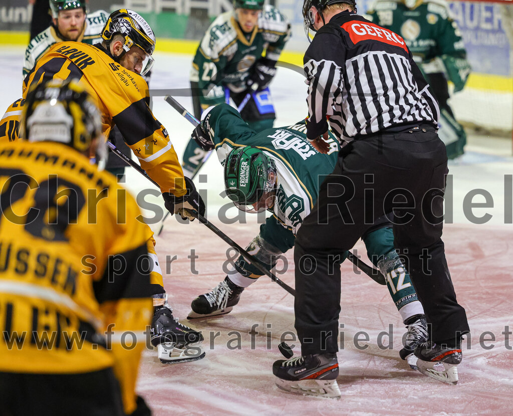 2025-08-22_150_TSV_Erding_gegen_EV_Fuessen | Erding, Deutschland, 22.08.2025:Eishockey, Oberliga Süd 2025 / 2026, Testspiel, TSV Erding gegen EV Füssen, Endergebnis: 1:4Marek Slavik (EV Füssen, #41), Thomas Brandl (Erding Gladiators, #11)Foto: Christian Riedel / fotografie-riedel.net